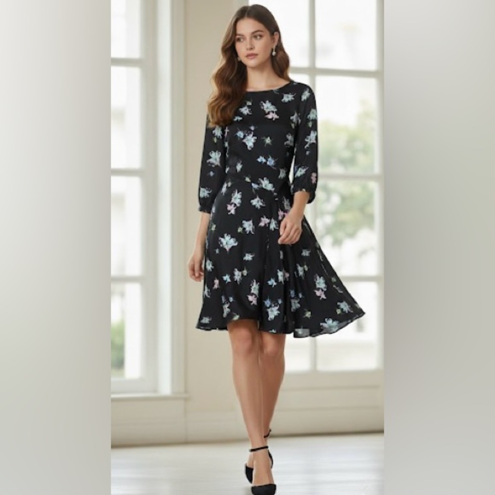 Banana Republic Silk Blend Graphite Floral Print Fit Flare Knee Dress (NWT)